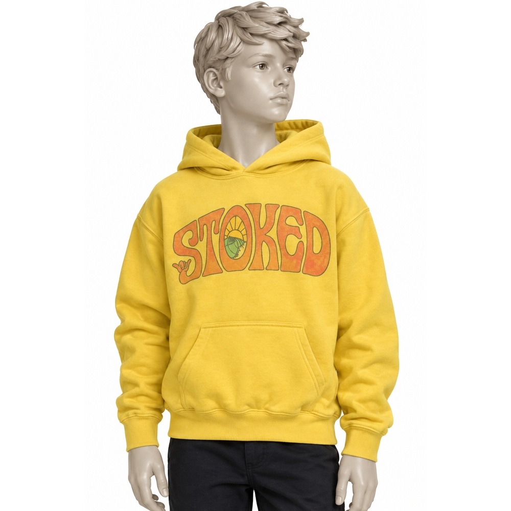 Fin First Kids Yellow Stoked Graphic Pullover Hoodie Size Large L Youth